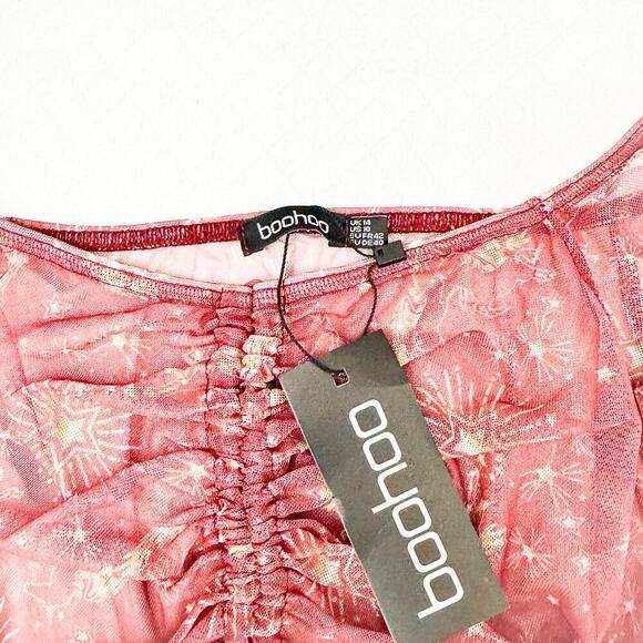 Boohoo Sheer Bohemian Patterned Printed Dress Pink/Red Size 10 NWT - Picture 2 of 6